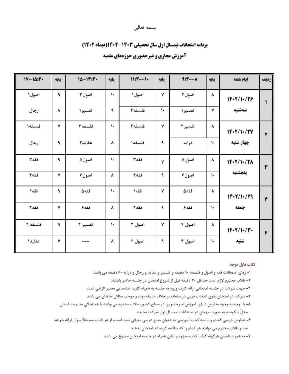 برنامه امتحانات نیمسال اول سال تحصیلی 1403 - 1402 غیرحضوری ابلاغ شد